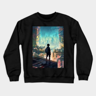 lost boy in a cyber neon cityscape Crewneck Sweatshirt